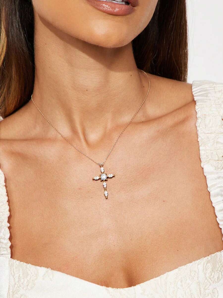 Colar com pingente de cruz de zircônia estilo minimalista, joia delicada em camadas para decoração de clavícula, presente para mulheres, dia das mães