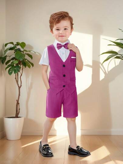 طقم رسمي لأولاد العودة إلى المدرسة - 2 قطعة: قميص كم قصير ، سترة ، شورت ، ربطة عنق