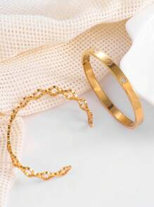 2pcs/Set Simple Floral Stainless Steel Vacuum Plated Non-Fading Bracelet, Suitable For Women's Daily Wear