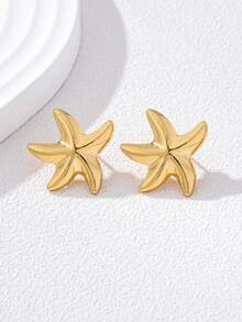1 Pair Minimalist Design Starfish Stud Earrings, Fashionable Beach-Inspired Jewelry For Women - Yellow Gold - View 3