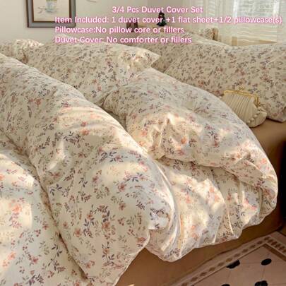 4pcs Vintage Floral Polyester Bedding Set, Charming Distress Floral Plant Pattern Zipper Duvet Cover Set (1 Duvet Cover + 1 Flat Sheet + 1/2 Pillowcases, Without Filling)