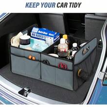Organizador de maletero de lujo simple para automóvil/SUV/camioneta, caja de almacenamiento automotriz plegable de 2 compartimentos, de poliéster Oxford impermeable 600D de 50L, accesorios de viaje, antideslizante y a prueba de fugas, color negro - Gris - Ver 8
