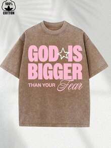 Women's Washed Cotton Casual Crew Neck T-Shirt With GOD Print, Pure Cotton Short Sleeve Loose Fit Summer Tee, Machine Washable Ladies T-Shirts