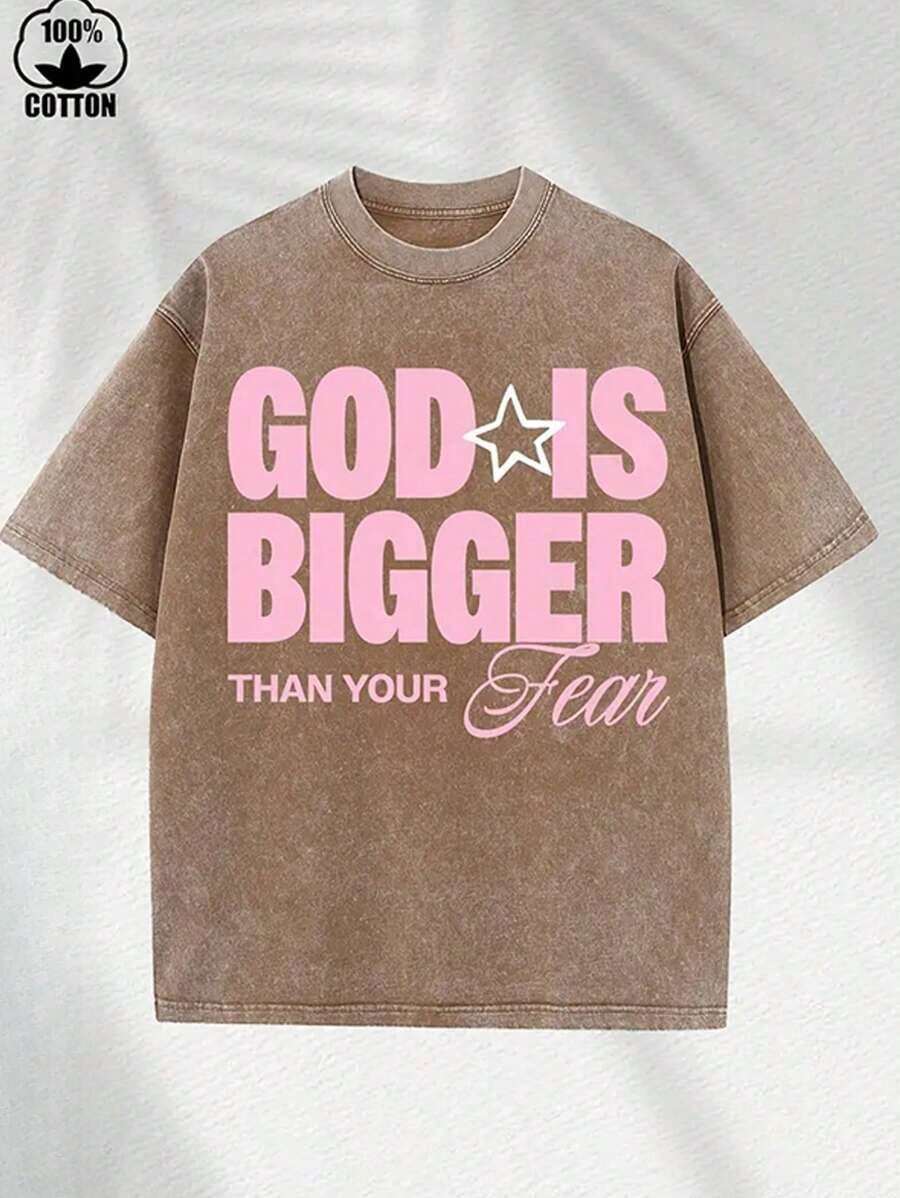 Women's Washed Cotton Casual Crew Neck T-Shirt With GOD Print, Pure Cotton Short Sleeve Loose Fit Summer Tee, Machine Washable Ladies T-Shirts