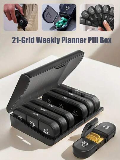 3/2/1 盒每周药丸整理器，每天 3 粒药，便携式旅行药盒 7 天（7 个药盒 + 1 个储物盒），用于整理早上/中午/晚上的药物，带有大药丸容器，防光药盒，用于维生素、药物、补充剂和鱼油