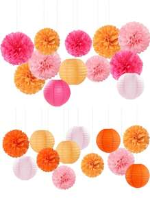15 buc. hârtie decorativă pentru petrecere la modă roz-portocaliu - felinare cu flori, serpentine din hârtie absorbantă cu pom-pom, potrivite pentru nunți de toamnă, petreceri burlăcițe, aniversări boeme, decor agățat pentru petreceri la apus