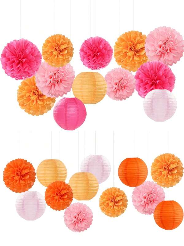 Lot de 15 lanternes décoratives en papier rose-orange à la mode pour fête : pompons en papier de soie, guirlandes à suspendre pour mariage d'automne, enterrement de vie de jeune fille, anniversaire bohème, coucher de soleil
