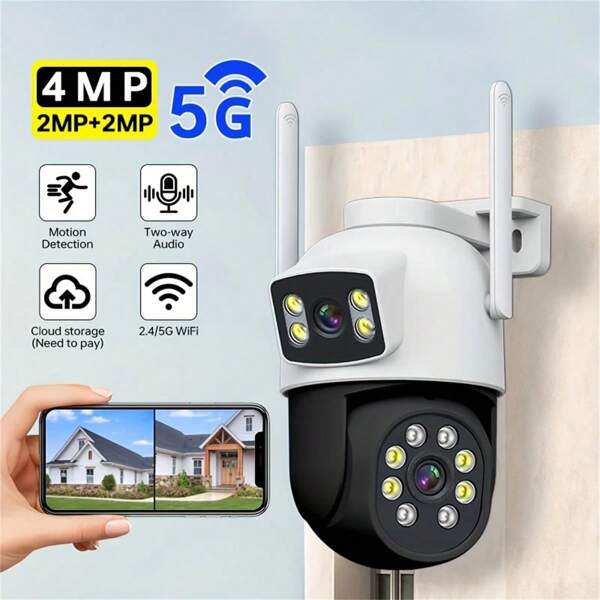 4MP (2MP + 2MP) Dual-Lens Wireless Security Camera, Supporting Dual-Band 2.4G/5G Wireless WIFI Network, PTZ IP Surveillance Camera, Wireless Closed-Circuit Camera, Full-Color Night Vision, Intelligent Automatic Tracking, AI Motion Detection Alarm, Two-Way Audio CCTV Camera, Mobile Application Control, Suitable For Enterprise, Home, Hotel, Parking Lot And Other Scene Monitoring.