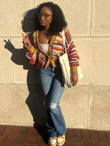 Áo khoác cardigan dệt kim dài tay cổ chữ V cài nút kẻ sọc nhiều màu sắc của For Love & Bella dành cho nữ, thích hợp cho kỳ nghỉ và mùa thu/đông. - Màu vàng - Xem 2