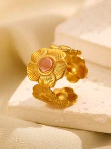1pc Fashionable Minimalist Glazed Floral Line Open Ring, Suitable For Women's Daily Wear