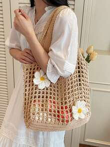 Women's Large Capacity Solid Color Crochet Tote Bag Knitted Hollow Design Fashionable Beach Shopping Bag For Travel And Vacation Women Knitted Hollow Out Tote Bags New Large Capacity Shoulder Composite Bag Weave Beach Vacation Handbags