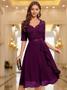 MIUSOL Sweetheart Neckline Floral Lace Ruffle Hem Cocktail Party Wedding Guest Dress - Maroon - View 2