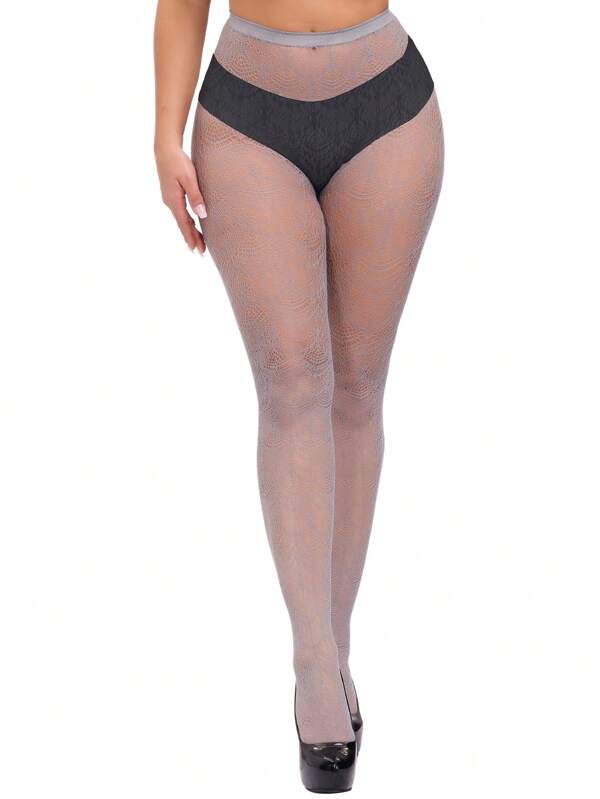 1 pièce Bas résille de grande taille à haute élasticité avec motif de tournesol unicolore, collants résille sexy ajourés pour l'Halloween