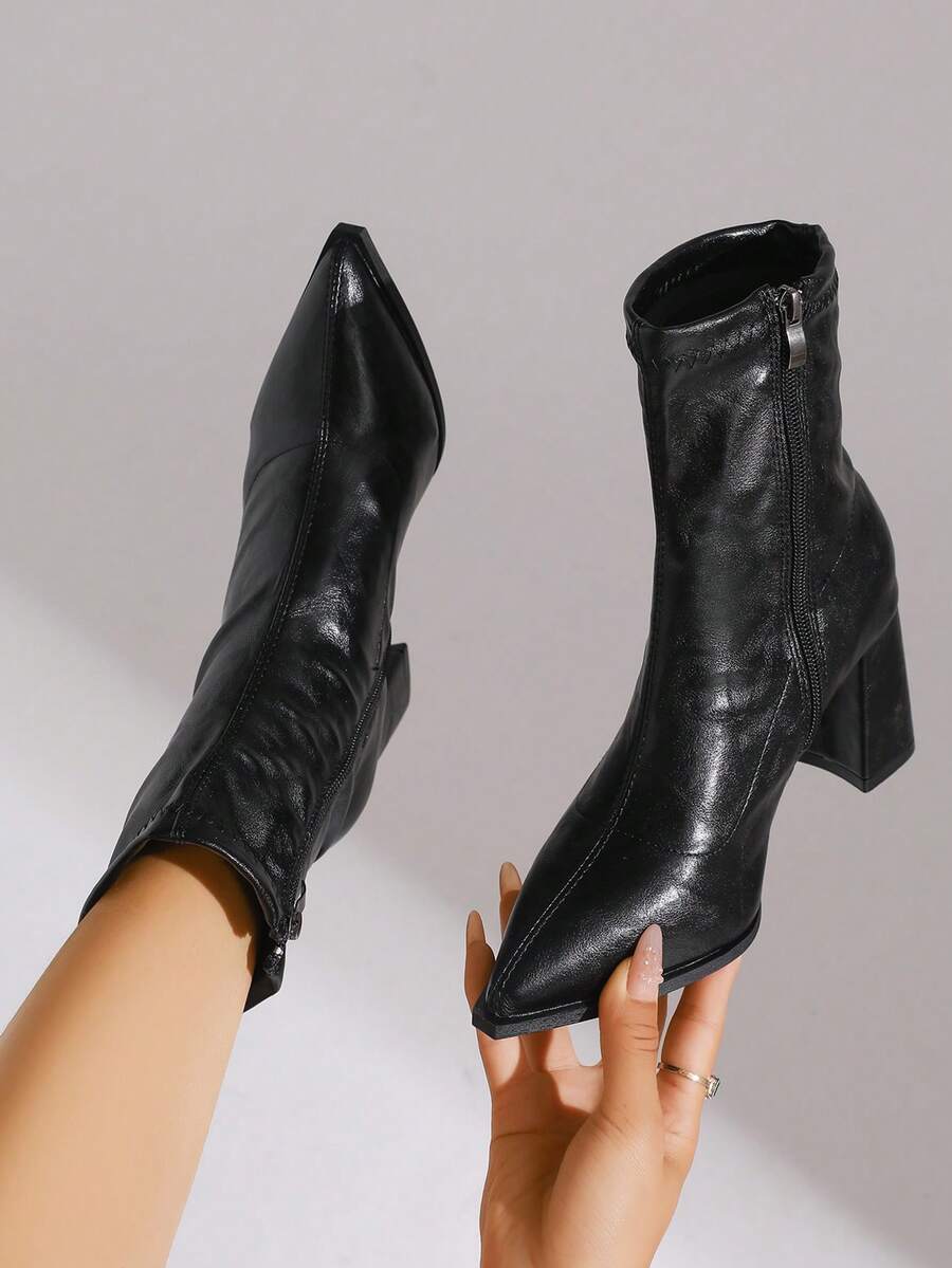 Botas de cuero versátiles con diseño de puntera puntiaguda, tacón grueso y cremallera lateral de moda para mujer. Forradas térmicamente, adecuadas para ir al trabajo, vestimenta formal y múltiples ocasiones, otoño/invierno, elegantes - Negro - Ver 1