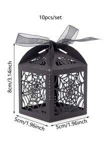 10pcs Halloween Black Hollow Spider Web -Themed Gift Boxes With Ribbons - Laser-Cut Paper Packaging Box For Halloween Spooky Party Favors & Small Item Storage - Black - View 3