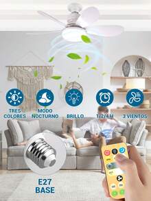 Lampara De Techo Con Ventilador Entrada E27 20.5Pulgada(185mm*520mm) Velocidades Y Luces Ajustable 40Watts Ahorrador 3000-6500k 6Aspas Mica Opalina - Blanco - Ver 5