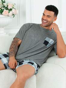 مجموعة بيجامة للرجال ذوي الحجم الكبير 2 قطعة ذات سروال قصير مربعات، وقميص بياقة مستديرة وأكمام قصيرة، بتصميم بسيط مناسب للربيع والصيف، متعدد الاستخدامات للراحة المنزلية والنوم