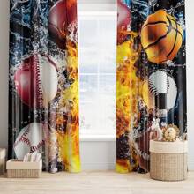 2pcs Classic Polyester Sport Themed Blackout Curtains Set, Dynamic Ice & Fire Design With Baseball, Football, Soccer & Basketball, Ideal For Boys Bedroom Window Treatment