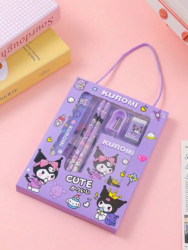 Sanrio Set de 6 piezas con Kitty Gato Decoración de regla, sacapuntas, borrador y libreta, suministros de oficina y papelería creativos con diseño de Kitty como regalo (Algunos componentes pueden ser aleatorios)(El diseño del paquete es aleatorio)