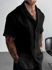 Men's Casual Vacation Summer Outings And Daily Use, Featuring A Classic Solid Color Loose-Fitting Short-Sleeve Shirt With A Button-UP Closure, Ideal For A Hawaiian Beach Getaway, Music Festivals, And Everyday