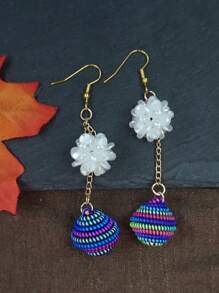 Handmade Long Tassel Rainbow Ball Floral Drop Earrings, Boho Vacation Style Vintage Elements, Suitable For Daily Life, Work, Stage, Street Photography, Women