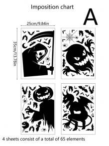 65pcs/Set Halloween Stickers With Witch, Pumpkin, Ghost, Grim Reaper Scythe Elements, Zombie Party Haunted House Decor Window Stickers, Black Decorative Stickers For Wall, Desk, Door, Fireplace, Halloween Decoration