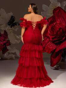 VIPGIRL 大码露肩荷叶边红色网纱美人鱼礼服，褶裥收腰长款礼服，女士正式舞会礼服，迷人晚礼服，优雅修身连衣裙，派对礼服，婚礼宾客礼服 - 酒紅色 - 查看 2