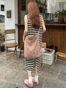 对比条纹露背无袖针织中长连衣裙 - 杏色 - 查看 4