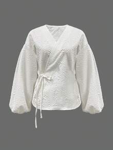 Women's Casual Long Sleeve Tie Front Blouse, Spring/Summer - White - View 9