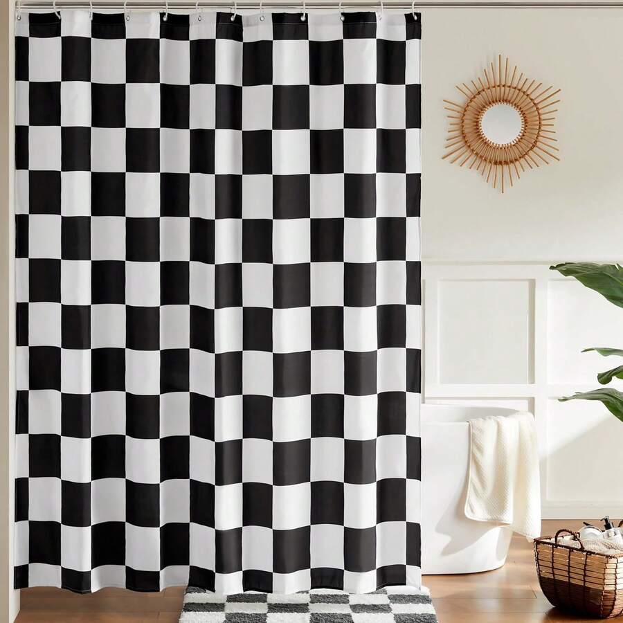 Checkered Shower Curtain, Black And White Shower Curtains For Bathroom, Cute Retro Checkerboard Shower Curtain Vintage Aesthetic, Machine Washable Fabric Bath Curtain, 72''x72'' - 黑與白 - 查看 1