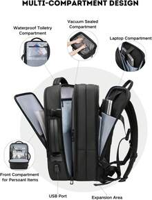 Mochila de viaje con compresor al vacío de 60L, expandible, con puerto de carga USB, maleta de mano resistente al agua (incluye bomba de vacío)