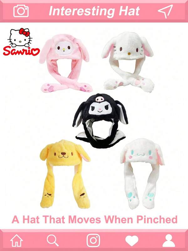 Sanrio 1 pieza Sombrero que se mueve cuando te aprietas las orejas, serie linda de Sanrio - Sombrero de Cinnamoroll, Sombrero de Kuromi, Sombrero de Pompompurin, Sombrero de Hello Kitty, Sombrero de My Melody