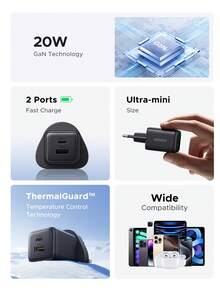 UGREEN 双端口 20W GAN 快速充电器 USB A USB C 适配器适用于 Android 手机，兼容 15 16 Pro Max、14 Pro Max 13 Pro Max 12 手机充电器快速充电高输出功率 - 英規插(220-240V) - 查看 2