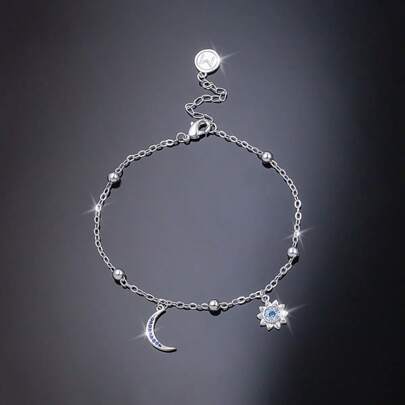 1 Pieza Pulsera de Plata de Ley 925 con Decoración de Girasol, Luna y Circonita, Adecuada para Verano, Uso Diario, Fiesta, Vacaciones, Regalo