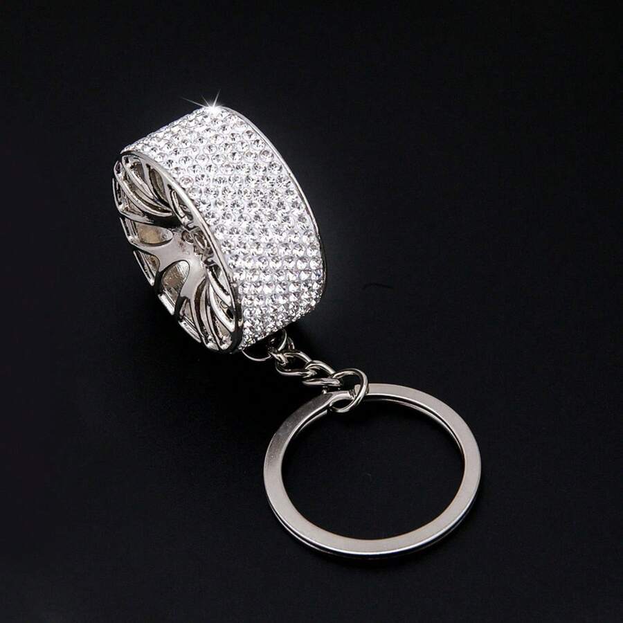 AD 1pc White Rhinestone Car Key Chain, Zinc Alloy Car Wheel Keychain With Rhinestone, Car Key Accessories - White - View 1