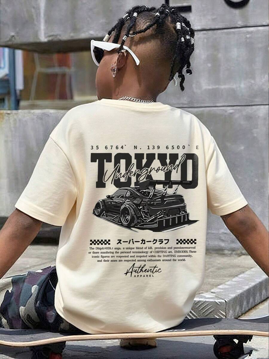 1 件汽车印花短袖 T 恤适合青少年男孩夏季上衣适合年轻学生和青少年 - 杏色 - 查看 1