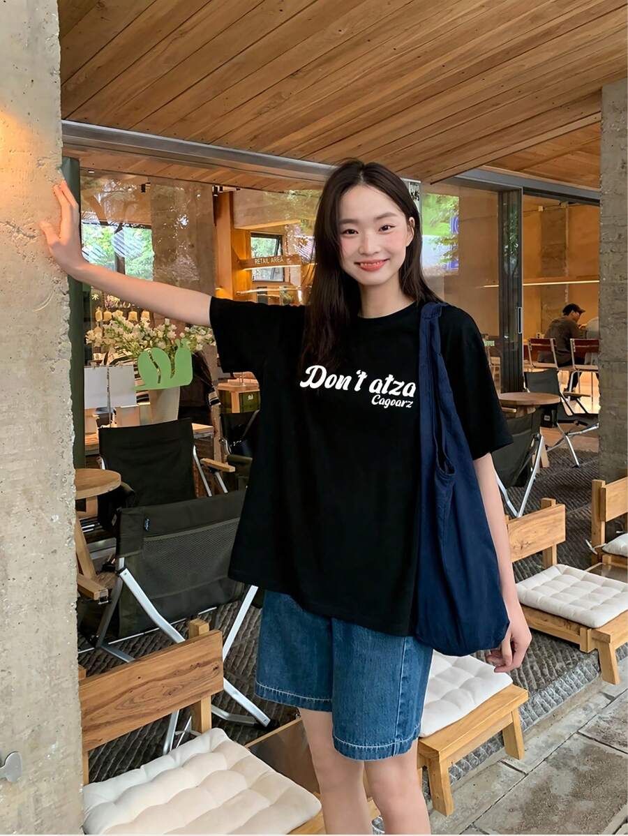 [New For Summer 2025] 100% Cotton Women's T-Shirt, Short Sleeves, Holiday Pattern, Casual, Crew Neck, Recommended For Matching Outfits, Tops - 黑色 - 查看 1