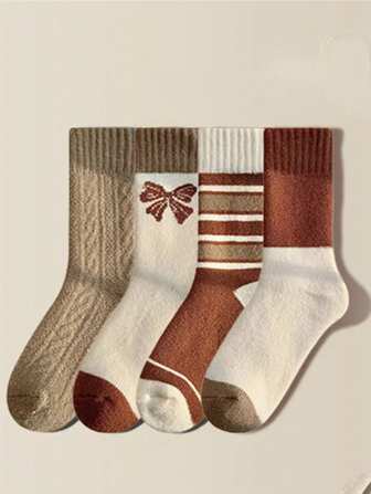 3 par slumpmässiga tjocka varma damsockor, rosa söta flickstrumpor till mitten av vaden, höst/vinter, mysiga