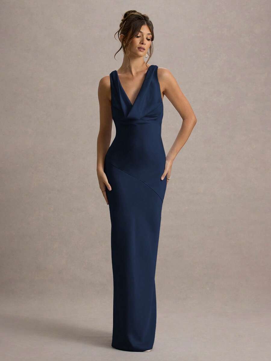 优雅缎面紧身鱼尾露背系带性感连衣裙 - 藏蓝色 - 查看 1