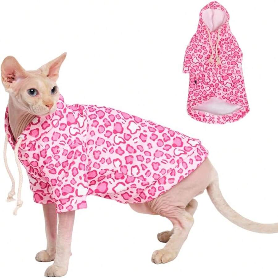 Sphynx Cat Clothes, Cat Suit With Hat And Sweatshirt, Full Set For Hairless Cats, Cornish Rex And Devon Rex (Pink Suit, S(2-35lbs))Christmas - Áo hoodie màu hồng - Xem 1