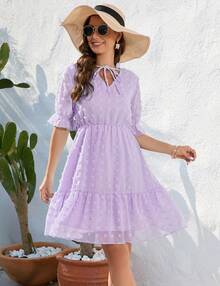 Women's Short Sleeve Swiss Dot V Neck Dress Casual A Line High Waist Dress Summer Solid Ruffle Mini Dress - 紫色 - 查看 4