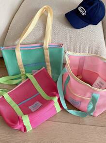 1 Pc Macaron Contrasting Color Summer Bbeach Bag, Mesh Large Capacity Tote Bag, Dopamine Clothing Storage Bag, Suitable For Beach, Swimming, Travel And Vacation Essentials, Portable Travel Bag, Foldable Multifunctional Storage Bag