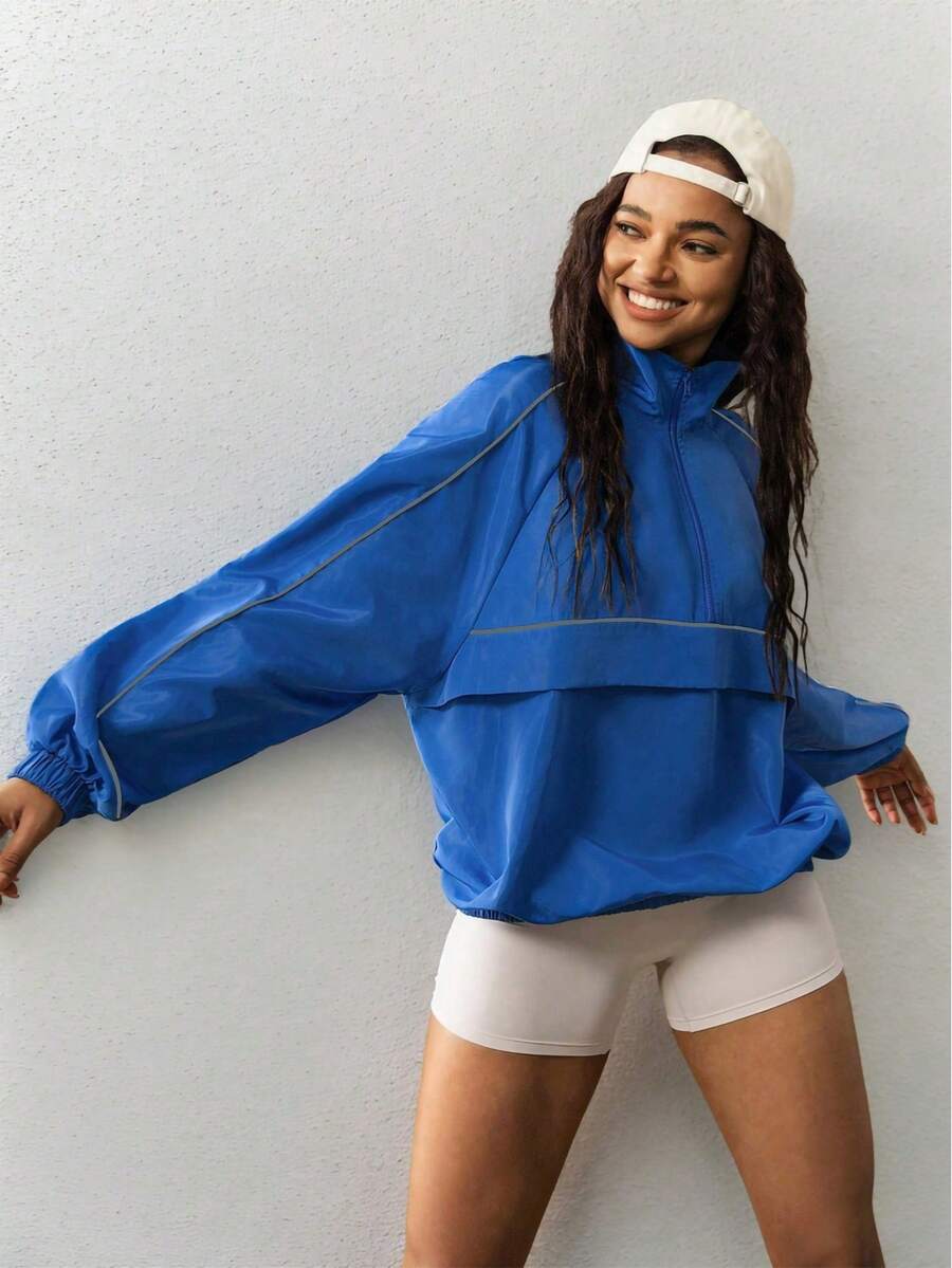 2 件女式轻质拉链防晒户外休闲运动夹克透气面料，拼色设计，适合所有季节日常穿着 - 藍色 - 查看 1