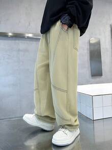 Pantaloni di cotone a gamba dritta per ragazzi con ricamo sulla tasca posteriore, adatti per uso quotidiano, scuola, all'aperto, casual, autunnali