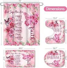 4 Pcs Yellow Inspirational Quotes Shower Curtain Set With Rugs And Toilet Lid Cover, Colorful Boho Waterproof Fabric Bathroom Set, Bible Verse Floral Bathroom Decor Set Accessories - 粉色 - 查看 11