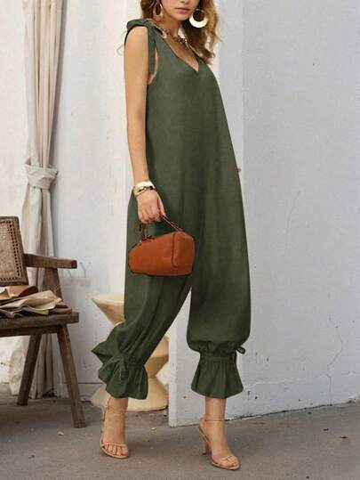 Women's Casual Solid Color Knotted Camisole Harem Pants, Suitable For Dates And Vacations