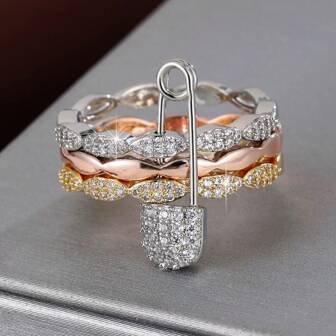 1pc Simple 3-Layer Separable Ring Design With Synthetic Zirconia Stone For Women
