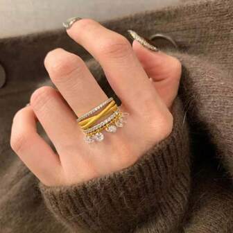 1 pieza Juego de anillos con múltiples capas, chapado en oro de moda, con cristales de circonita y borlas, de diseño abierto, joyería para mujeres para boda y fiesta
