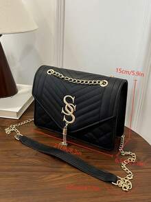 Seam Chain SS Jewelry Square Shoulder Bag Oblique Shoulder Bag - Black - View 11