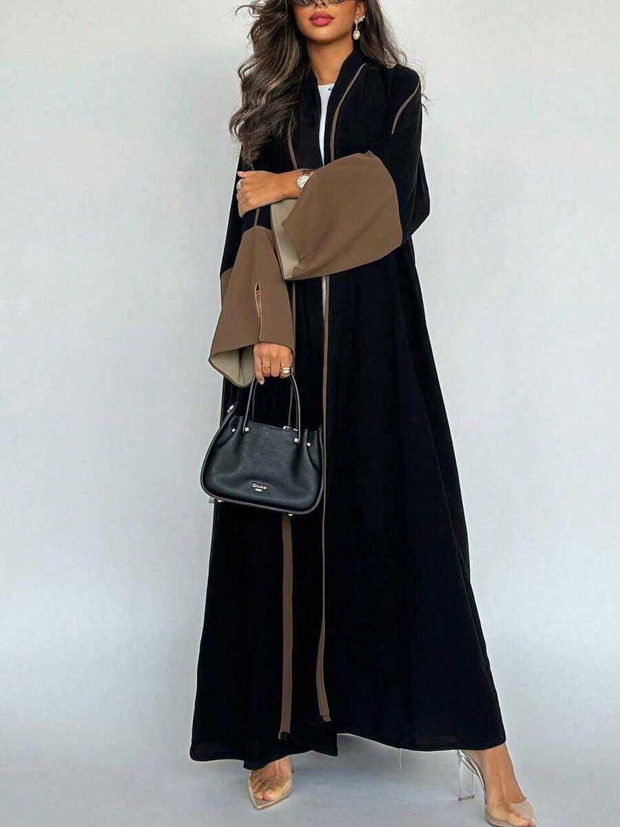 1 件时尚简约撞色拼接袖女式纯色中东服装长裙，优雅开衫长袍 Abaya 适合日常、节日穿着 - 卡其色 - 查看 1